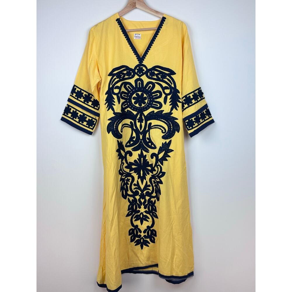 🌻 Vintage Egyptian Cotton Kaftan Maxi Dress | Size Small | Yellow & Navy